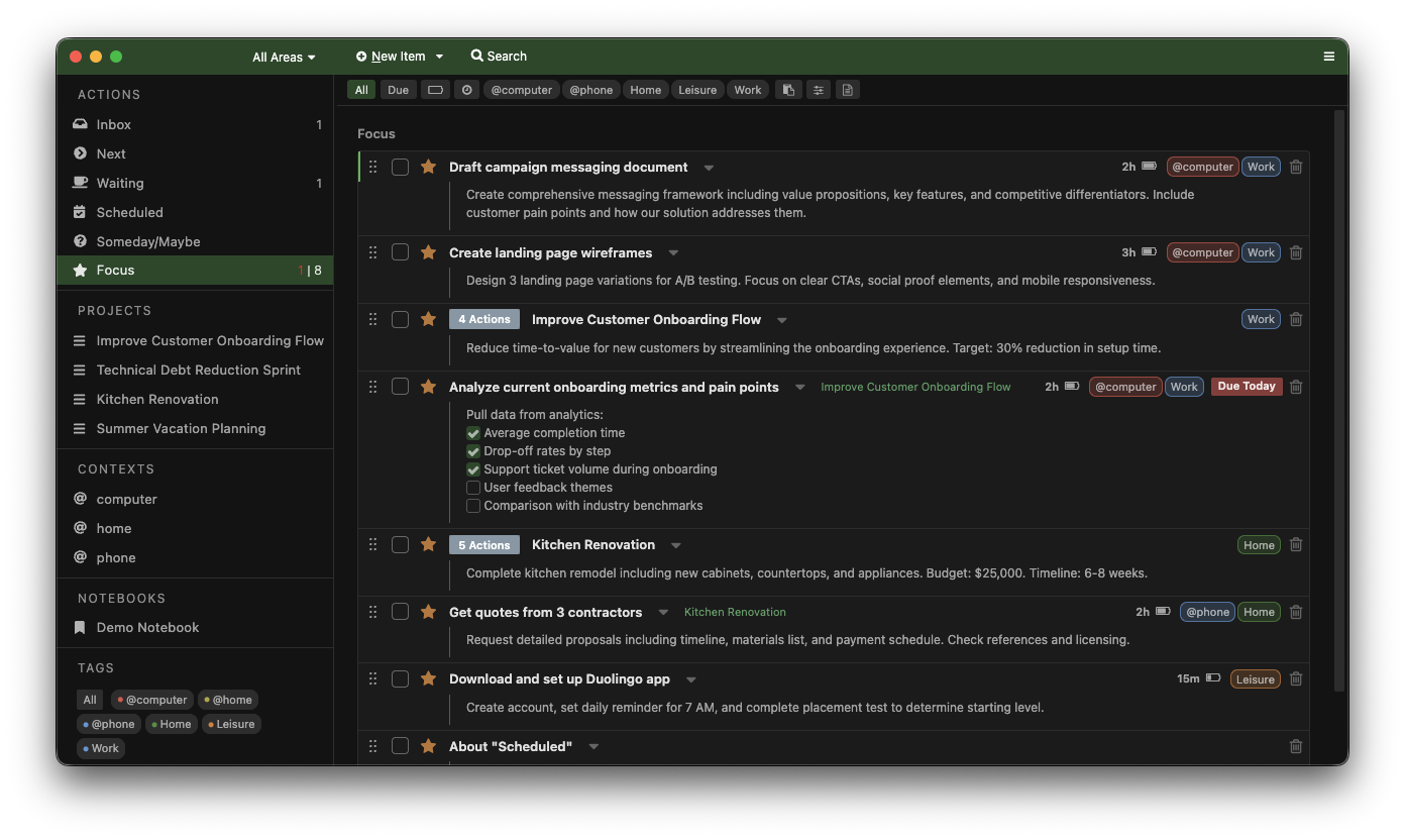 Everdo desktop app showing Focus view with tasks, projects, contexts, and tags (dark mode)