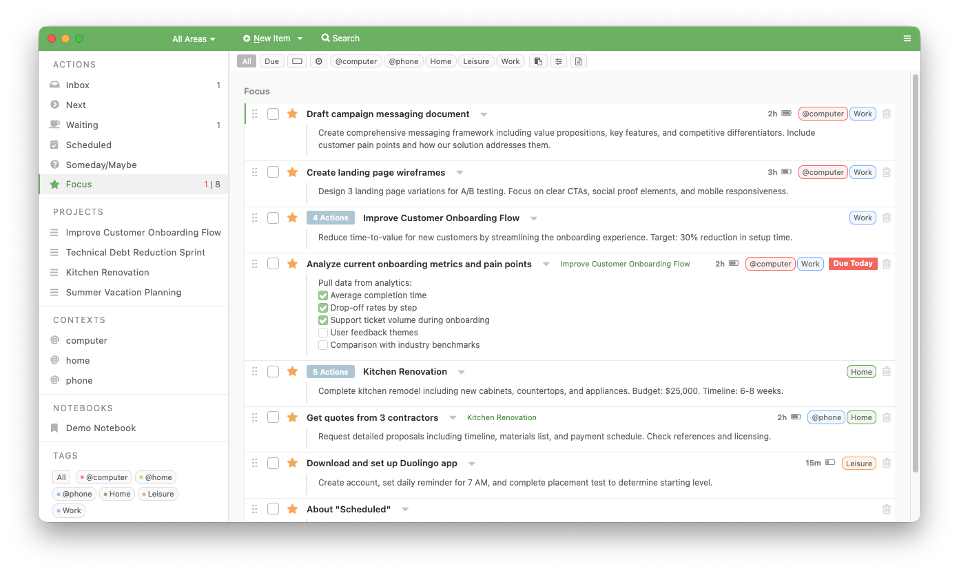 Everdo desktop app showing Focus view with tasks, projects, contexts, and tags